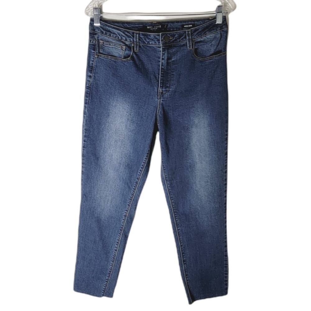 Max Jeans high waist mom jeans women's size 10 raw hem cropped blue denim